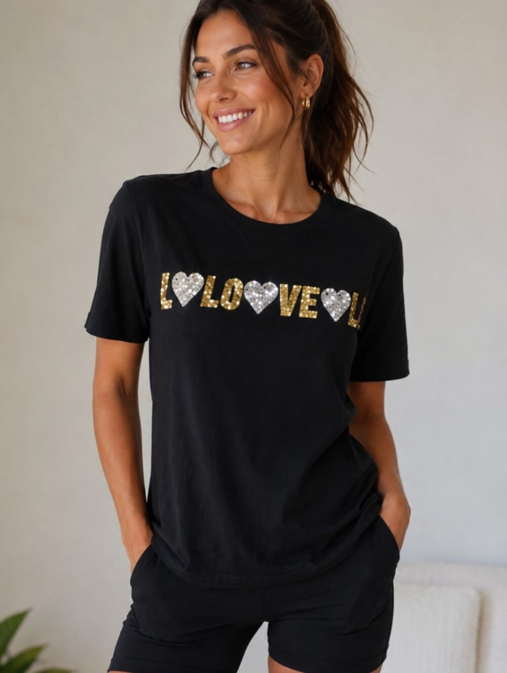 Maje Tangara Sequin Love Hearts Short Sleeve Tee